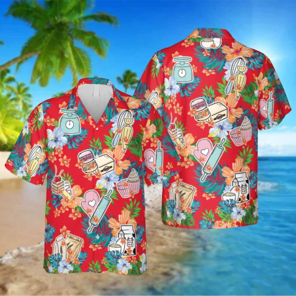 Vintage Red Baker Hawaii Shirt Cake Tropical Shirt