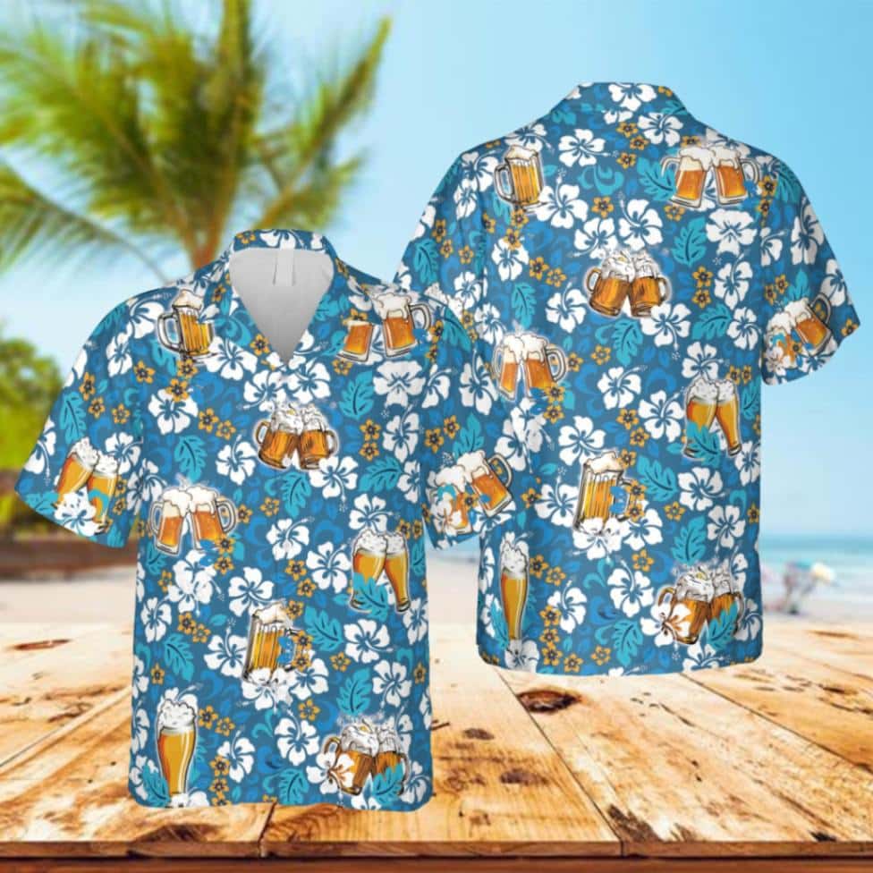 Beer And Flowers Blue Hawaii Shirt Man Cave T-shirt