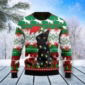 Christmas Ugly Sweater Black Cat Light Funny Unisex Sweater Gift