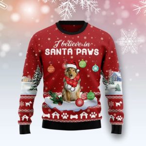 Christmas Ugly Sweater Collie Believe In Santa Paws Funny Unisex Sweater Gift