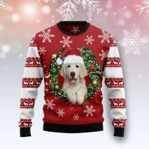 Christmas Ugly Sweater Golden Retriever Wearing Santas Hat Funny Unisex Sweater Gift